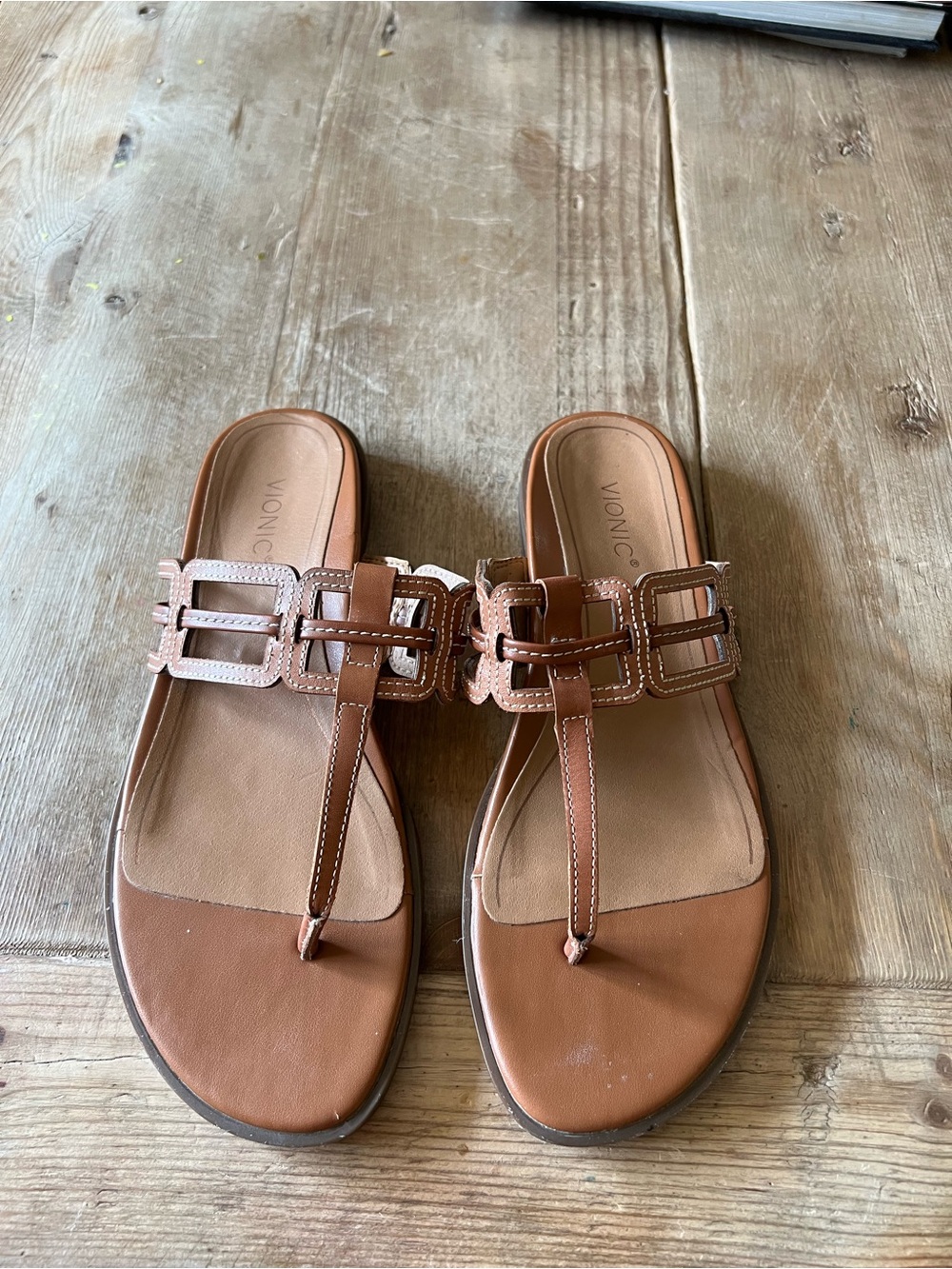 Vionic Tan Brown T-Strap Leather Slide Sandals - Picture 3 of 11